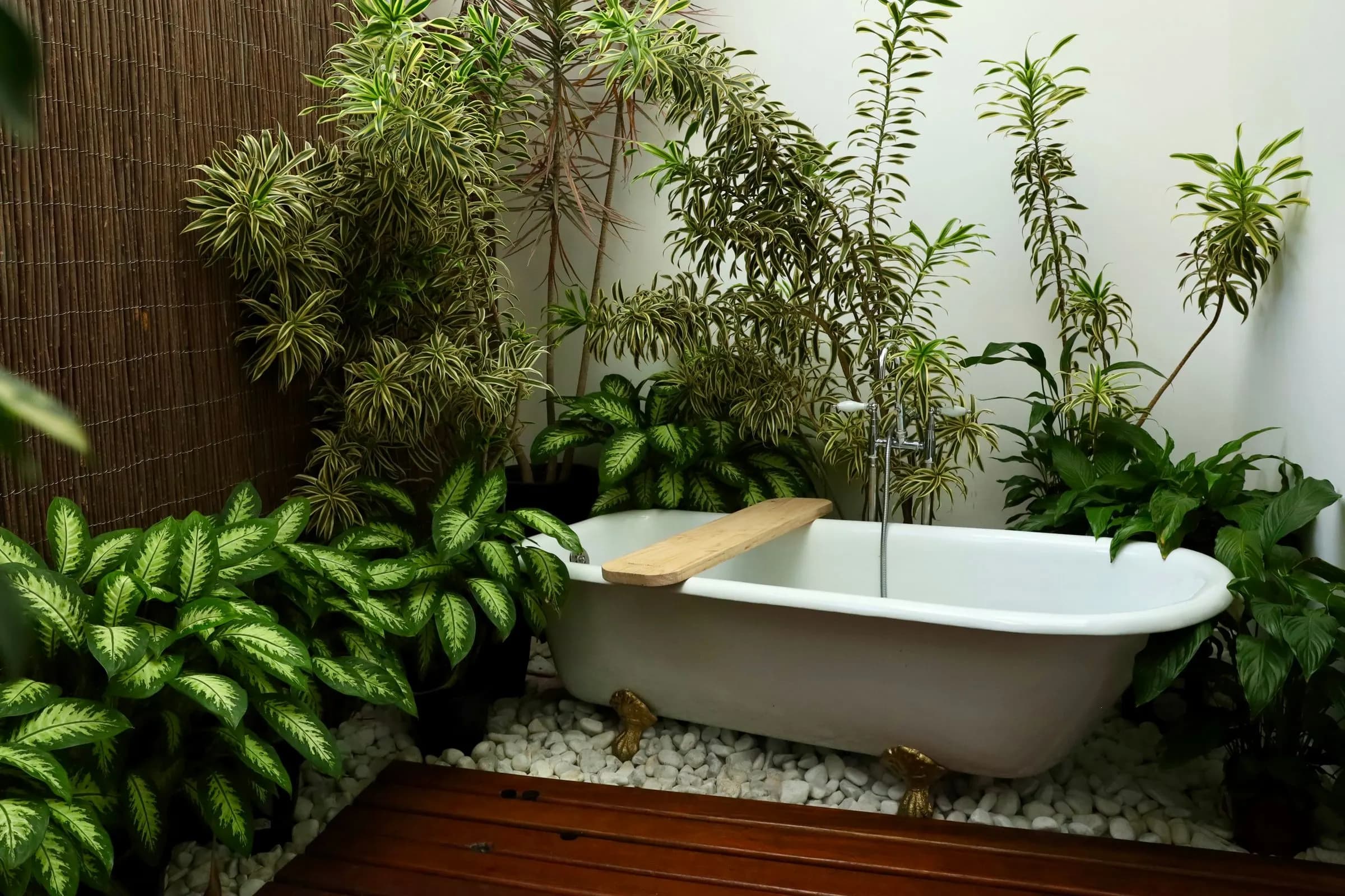 Bathtub in a planted garden bathroom